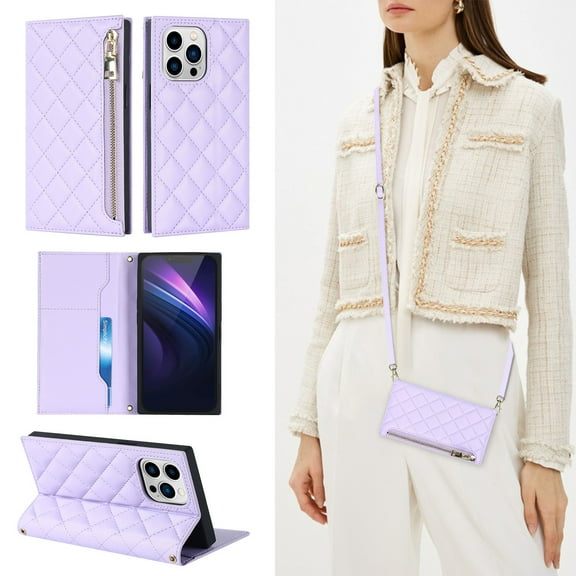 ELEHOLD for iPhone 13 Pro Max Wallet Case,Card Slot Zipper Purse Adjustable Crossbody Strap Stand Function Leather Wallet Case for iPhone 13 Pro Max 6.7 inch, Purple