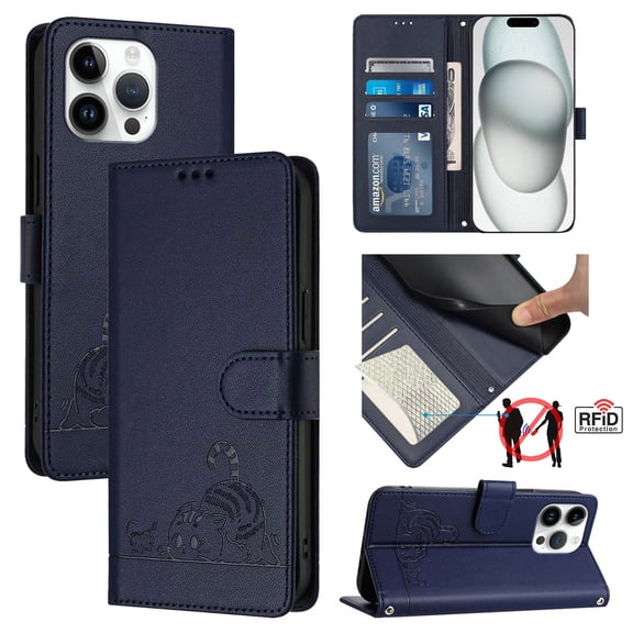 ELEHOLD for iPhone 13 Pro Max Wallet Case, Embossed Cat PU Leather RFID Blocking Credit Card Slot Kickstand Support Wireless Charging Shockproof Case with Crossbody Strap for iPhone 13 Pro Max,Blue