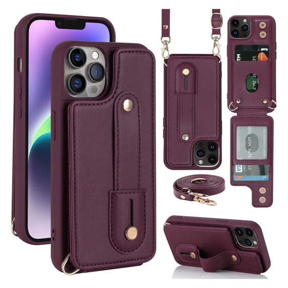 ELEHOLD iPhone 13 Pro Max Wallet Case, Flip Card Slots Magnetic Button Kickstand Function Non-Slip Wristband Crossbody Shoulder Strap for iPhone 13 Pro Max 6.7" Fashion Leather Case,Winered