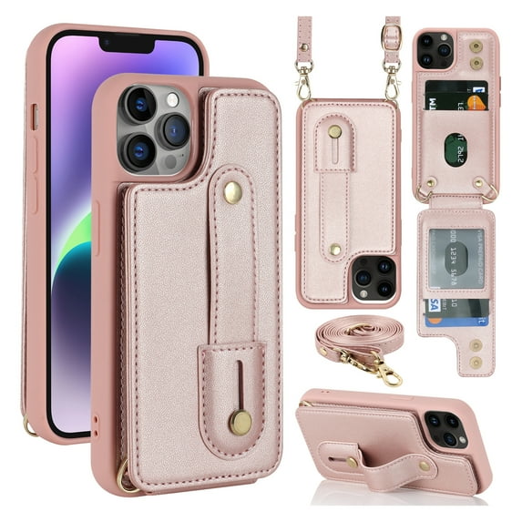 ELEHOLD iPhone 13 Pro Max Wallet Case, Flip Card Slots Magnetic Button Kickstand Function Non-Slip Wristband Crossbody Shoulder Strap for iPhone 13 Pro Max 6.7" Fashion Leather Case,Rosegold