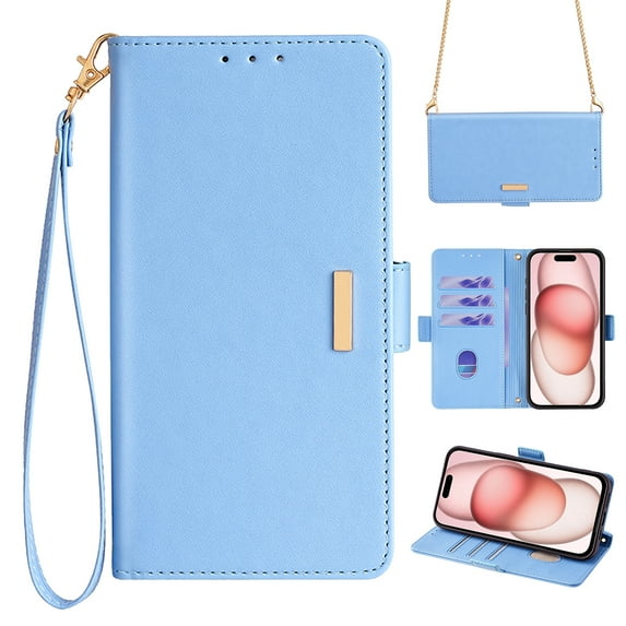 ELEHOLD for iPhone 13 Pro Max Wallet Case for Women Men with Gold Shoulder&Hand Strap Detachable Lanyard,Luxury PU Leather Kickstand Fully Shockproof Protective Case for iPhone 13 Pro Max,Blue