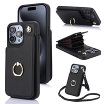 ELEHOLD for iPhone 13 Pro Max Wallet Crossbody Case with Organ Card Slots Metal Finger Ring Holder Kickstand Crossbody Shoulder Strap Shockproof Purse Cover for Women Girls,black