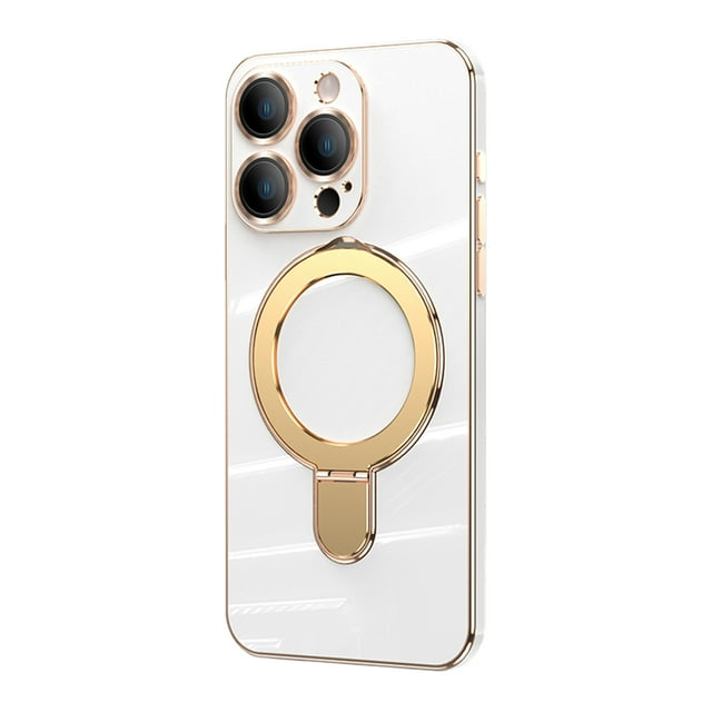ELEHOLD for iPhone 13 Pro Plating Magnetic Case Slim Thin Shockproof with Metal Ring Holder Folding Kickstand All-Inclusive Lens Protection Mag Safe Compatible Protective Cover,white