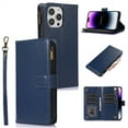 thumbnail image 1 of ELEHOLD for iPhone 13 Pro Wallet Case with 9 Card Holders Zipper Pocket Kickstand Soft PU Leather Flip Shockproof Protective Cover with Wrist Strap Business Style for Women Men,blue, 1 of 1