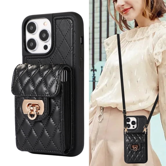 ELEHOLD for iPhone 13 Pro Wallet Case with Card Holder, PU Leather Shockproof Crossbody Case with Metal Snap Adjustable Strap Lanyard Compatible with iPhone 13 Pro,Black