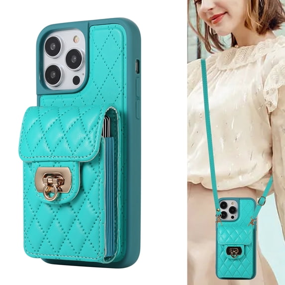 ELEHOLD for iPhone 13 Pro Wallet Case with Card Holder, PU Leather Shockproof Crossbody Case with Metal Snap Adjustable Strap Lanyard Compatible with iPhone 13 Pro,Green