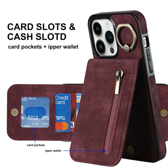 ELEHOLD For iPhone 13 Pro, Wallet Case with Card Slot Holder,RFID Blocking,Built-in 360°Rotating Ring Kickstand Zipper Retro Purse Shockproof Case Cover, winered