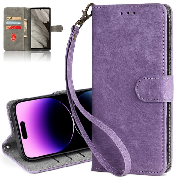 ELEHOLD for iPhone 13 Pro Wallet Case with RFID Blocking Card Holder, iPhone 13 Pro Case Wallet with Wristlet Strap Durable PU Leather Magnetic Flip Folio Shockproof Cover for Women Men,Purple