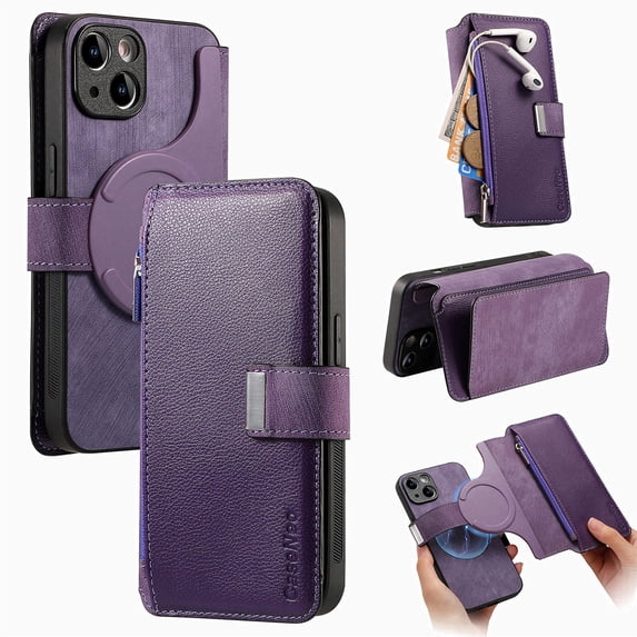 ELEHOLD for iPhone 13 Pro Zipper Wallet Case,Magnetic Detachable RFID Flip Card Slots Stand Function Shockproof Full Protective Leather Case for iPhone 13 Pro,Purple