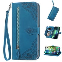 ELEHOLD for iPhone 13 Pro, iPhone 13 Pro Wallet Case for Women Men, Durable Embossed PU Leather Magnetic Flip Zipper Card Holder Phone Case with Wristlet Strap, Blue