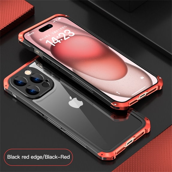 ELEHOLD for iPhone 13 Rugged Case Aluminium Alloy Metal Frame Glass Back Panel Military Grade Shockproof Protection Support Wireless Charging for iPhone 13,blackred