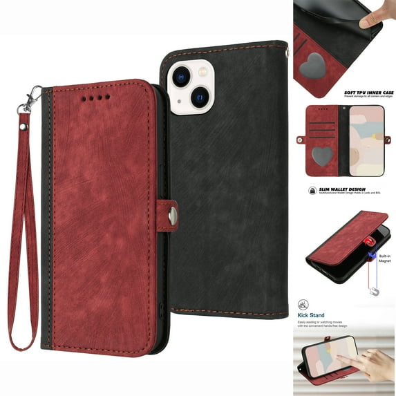 ELEHOLD for iPhone 13 Wallet Case with Detachable Wrist Strap Handbag, Luxury PU Leather Flip Soft TPU Built-in Magnetic Card Slots Kickstand Function Shockproof Protective Cover Case,Red