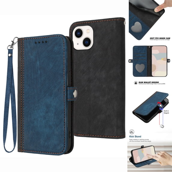 ELEHOLD for iPhone 13 Wallet Case with Detachable Wrist Strap Handbag, Luxury PU Leather Flip Soft TPU Built-in Magnetic Card Slots Kickstand Function Shockproof Protective Cover Case,Blue