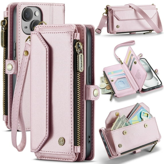 ELEHOLD for iPhone 13 Wallet Case,Support Wireless Charging PU Leather RFID Blocking Card Holder Kickstand Flip Shockproof Protective Case with Crossbody Wristlet Strap for iPhone 13,Pink