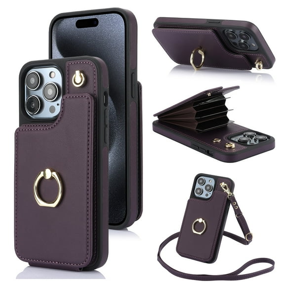 ELEHOLD for iPhone 13 Wallet Crossbody Case with Organ Card Slots Metal Finger Ring Holder Kickstand Crossbody Shoulder Strap Shockproof Purse Cover for Women Girls,purple