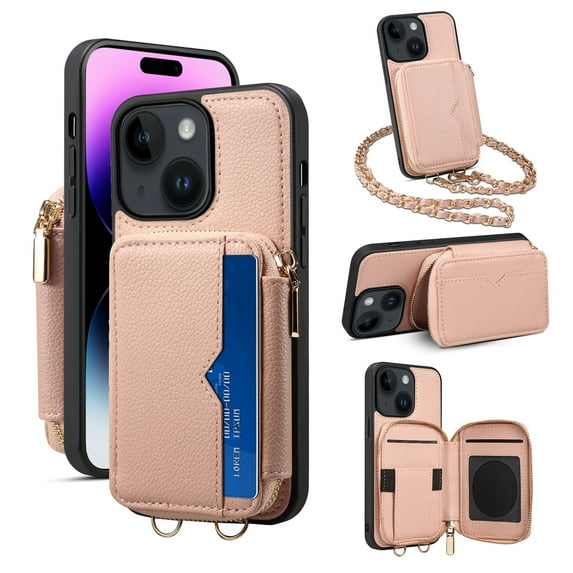 ELEHOLD for iPhone 14 6.1" Crossbody Leather Case,Card Slots Zipper Wallet Kickstand Premium Leather Full Body Protection with Metal Shoulder Strap Wallet Case, Pink