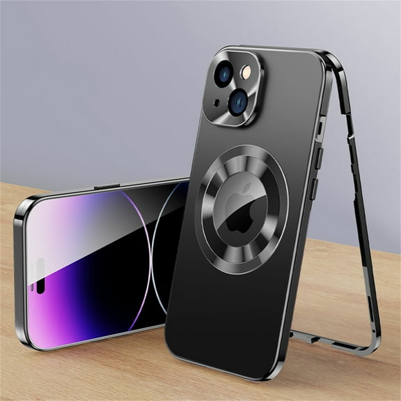 ELEHOLD for iPhone 14 6.1" Full Body Case,Double Sided with Built-in Tempered Glass Screen Protector Metal Frame Plating PC Back Panel Shockproof Rugged Case for iPhone 14,Black