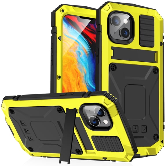ELEHOLD for iPhone 14 6.1 Inch 2022 Case, Heavy Duty Armor Built-in Explosion-Proof Tempered Glass Screen Protector Wireless Charging Hang Rope Hidden Kickstand Shockproof Rugged Case,Yellow