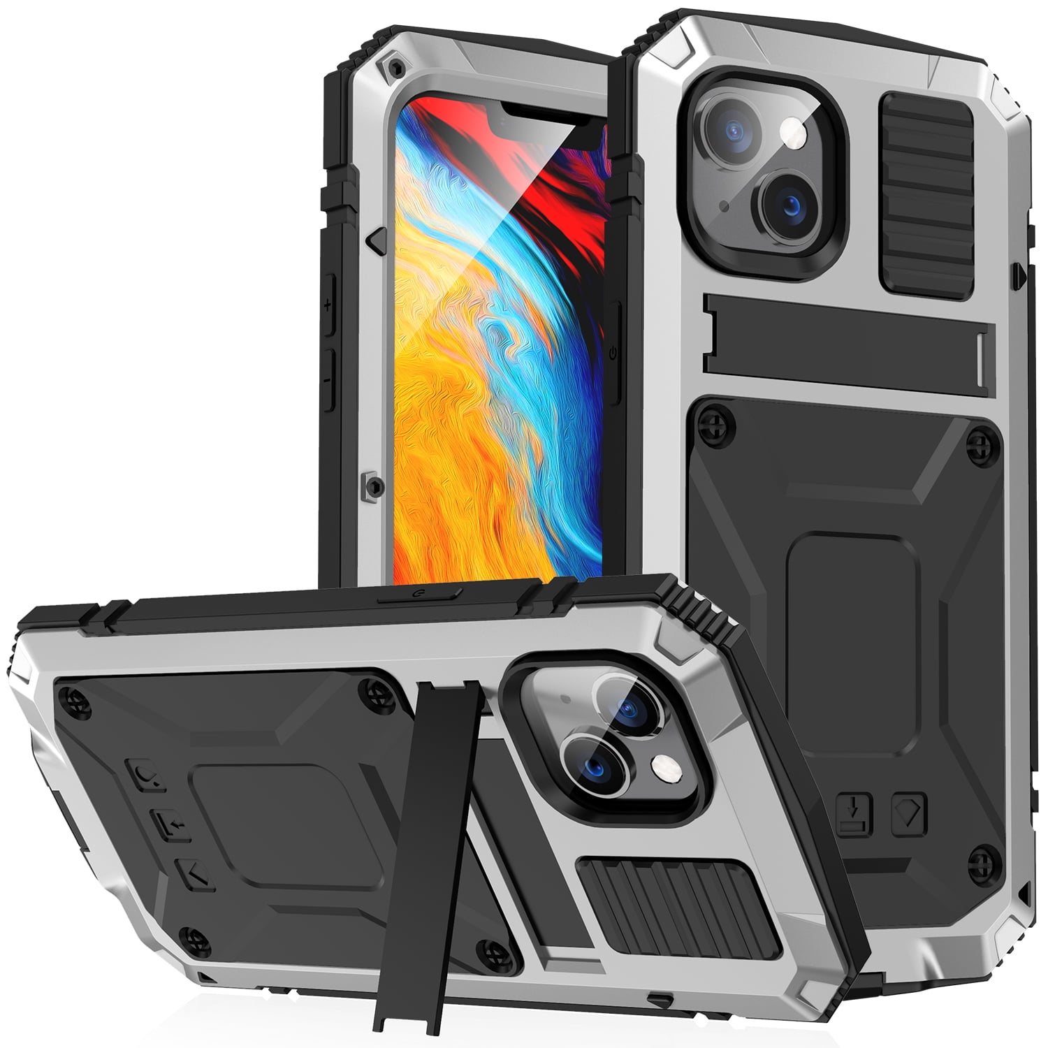 ELEHOLD for iPhone 14 6.1 Inch 2022 Case, Heavy Duty Armor Built-in Explosion-Proof Tempered Glass Screen Protector Wireless Charging Hang Rope Hidden Kickstand Shockproof Rugged Case,Silver