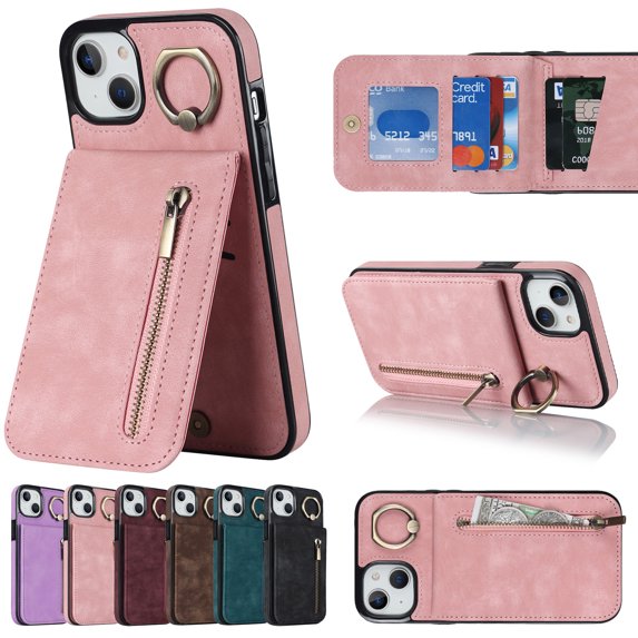 ELEHOLD for iPhone 14 6.1" Vintage Leather Wallet Case,Practical Card Holders RFID Blocking Zipper Wallet Kickstand Ring Holder Shockproof Anti-Scratch Case for Women Men,Pink