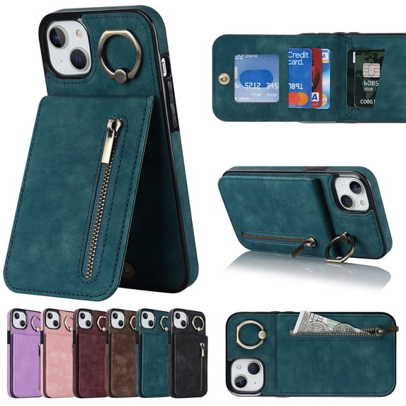 ELEHOLD for iPhone 14 6.1" Vintage Leather Wallet Case,Practical Card Holders RFID Blocking Zipper Wallet Kickstand Ring Holder Shockproof Anti-Scratch Case for Women Men,Blue