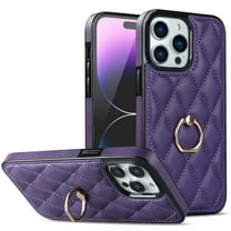 ELEHOLD for iPhone 14 6.1 inch 2022 Case, Luxury Rhomboid Quilted PU Leather Soft TPU Bumper 360 Degee Rotatable Metal Finger Ring Holder Kickstand Shockproof Case for iPhone 14, Purple