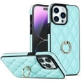 thumbnail image 1 of ELEHOLD for iPhone 14 6.1 inch 2022 Case, Luxury Rhomboid Quilted PU Leather Soft TPU Bumper 360 Degee Rotatable Metal Finger Ring Holder Kickstand Shockproof Case for iPhone 14, Mint, 1 of 8