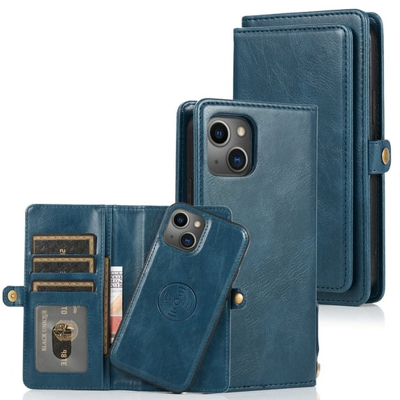 ELEHOLD for iPhone 14 6.1 inch Luxury Heavy Duty Wallet Case with Card Slots Dual-Use Detachable Phone Case Magnetic Function Lanyard Shockproof Wallet Case,Navyblue