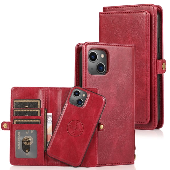 ELEHOLD for iPhone 14 6.1 inch Luxury Heavy Duty Wallet Case with Card Slots Dual-Use Detachable Phone Case Magnetic Function Lanyard Shockproof Wallet Case,Red