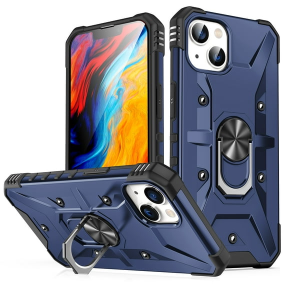 ELEHOLD for iPhone 14 Armor Case, Military Grade Hard PC Magnetic Built-in Car Mount 360° Rotatable Metal Ring Holder Kickstand Shockproof Multi-Functional Rugged Case, Darkblue