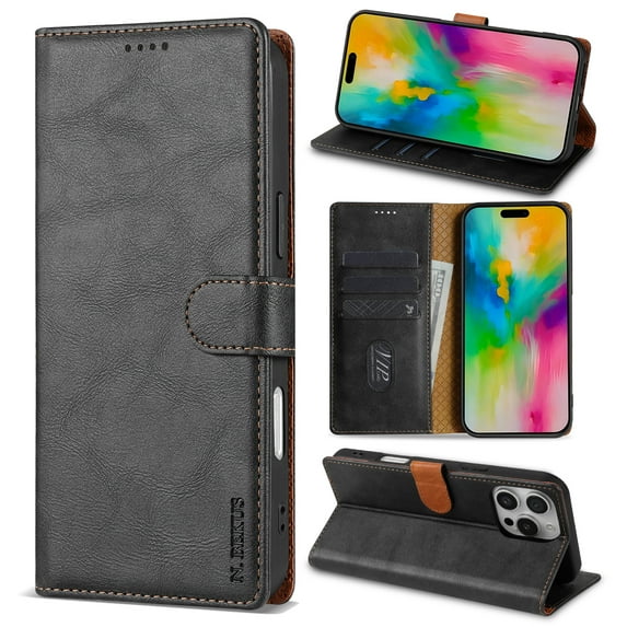 ELEHOLD for iPhone 14 Case,Business Premium Folio PU Leather Magnetic Closure Card Holder Kickstand Shockproof Protective Wallet Case for iPhone 14,Black