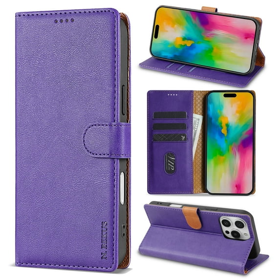 ELEHOLD for iPhone 14 Case,Business Premium Folio PU Leather Magnetic Closure Card Holder Kickstand Shockproof Protective Wallet Case for iPhone 14,Purple