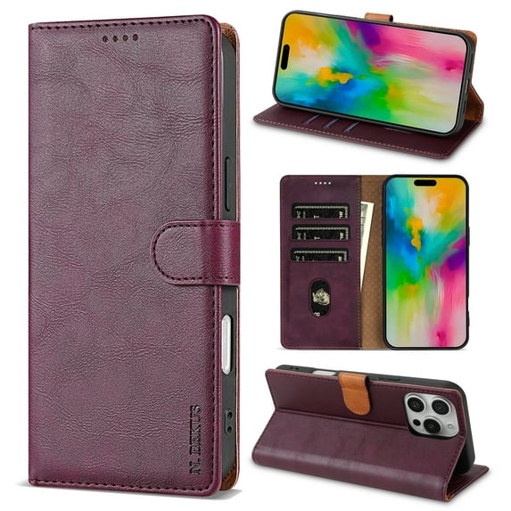 ELEHOLD for iPhone 14 Case,Business Premium Folio PU Leather Magnetic Closure Card Holder Kickstand Shockproof Protective Wallet Case for iPhone 14,Winered