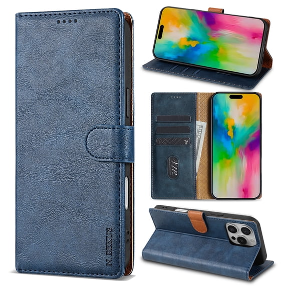 ELEHOLD for iPhone 14 Case,Business Premium Folio PU Leather Magnetic Closure Card Holder Kickstand Shockproof Protective Wallet Case for iPhone 14,Blue