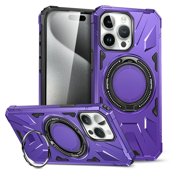 ELEHOLD for iPhone 14 Case Heavy Duty Rugged Cover with 360° Rotation Foldable Ring Kickstand Support Magnetic Car Mount MagSafe Charging Compatible Shockproof Protective Case,purple
