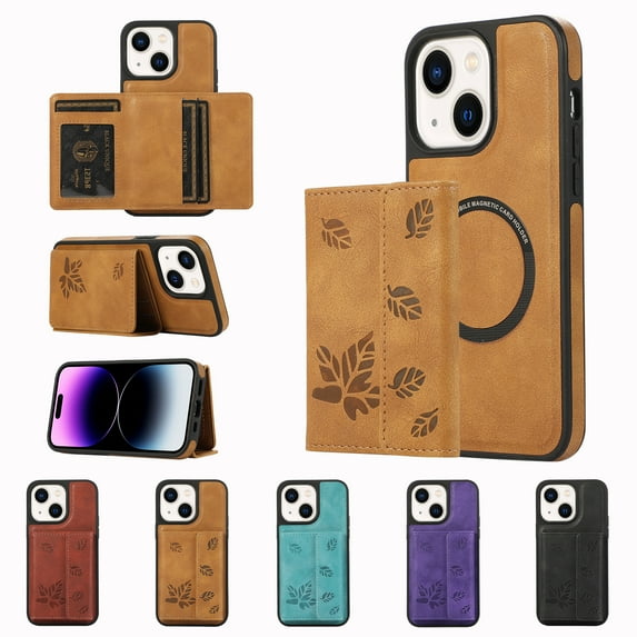ELEHOLD for iPhone 14 Case PU Leather 2-in-1 Multi-Functional with Magnetic Detachable Card Holder Leaf Pattern Drop Protection Shockproof Wallet Case Compatible with Mag Safe,brown