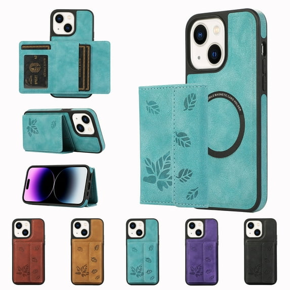 ELEHOLD for iPhone 14 Case PU Leather 2-in-1 Multi-Functional with Magnetic Detachable Card Holder Leaf Pattern Drop Protection Shockproof Wallet Case Compatible with Mag Safe,green
