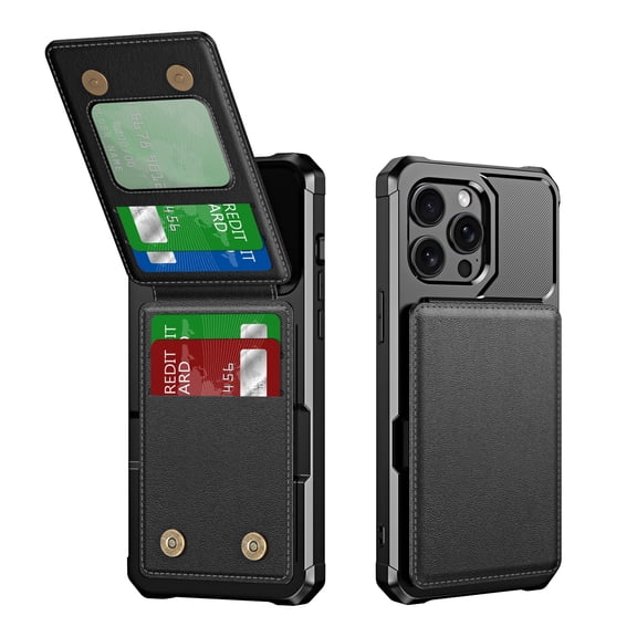 ELEHOLD for iPhone 14 Case, PU Leather Magnetic Button Closure Credit Card Holder Slots Stand Function Wallet Shock-Absorbent Shockproof Phone Case for iPhone 14 ,Black