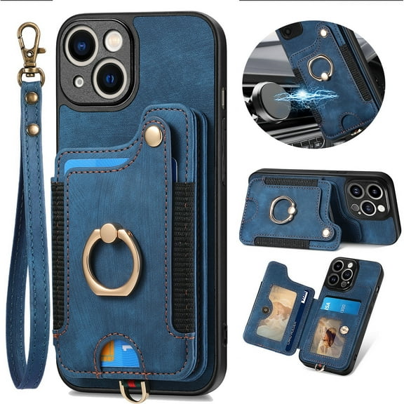 ELEHOLD for iPhone 14 Case with Ring Holder, iPhone 14 Wallet Case with RFID Blocking Card Holder Wristlet Strap, Magnetic Button Flip Folio Kickstand Shockproof Phone Cover,Blue