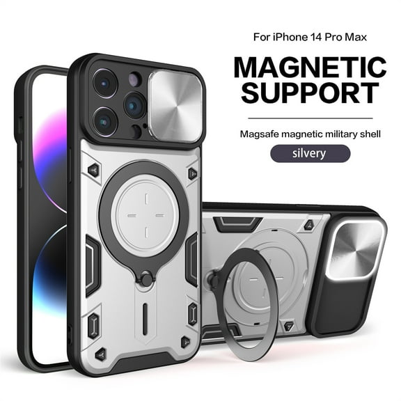 ELEHOLD for iPhone 14, Case with Slide Camera Lens Protector,Built-in 360° Rotate Ring Stand Magnetic Shockproof Hard PC Cover,Support Magnetic Car Mount, silver