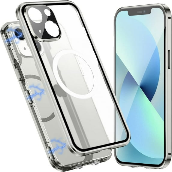 ELEHOLD for iPhone 14 Clear Case with Strong Magnetic Support Wireless Charging, Clear Back Plating Frame All-Inclusive Lens Protector Anti-Fingerprint Anti-Scratch Shockproof Case, Silver