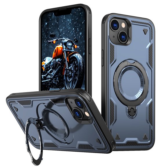 ELEHOLD For iPhone 14 Ergonomic Design Military Grade Shockproof Protective Case Magnetic Ring Stand Rugged Cover, Non-Slip, Support Wireless Charging, Blue