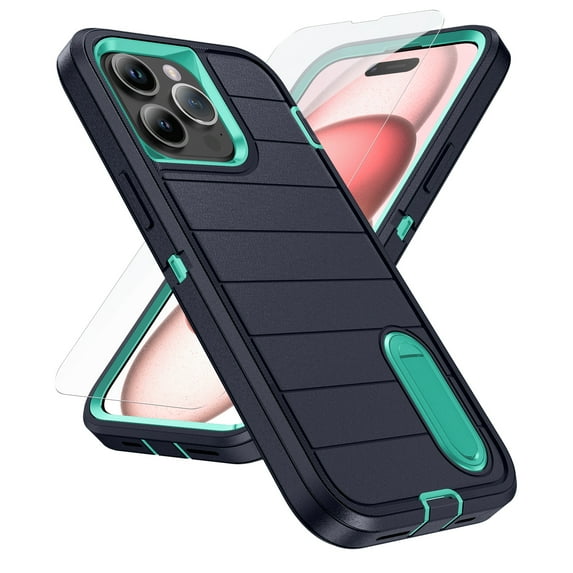 ELEHOLD for iPhone 14 Hybrid Rugged Case with HD Screen Protector,Dual Layer Hard Protective Invisible Kickstand Non-Slip Drop-Proof Shockproof Anti-Scratches Heavy Duty Cover,Darkblue+Mint