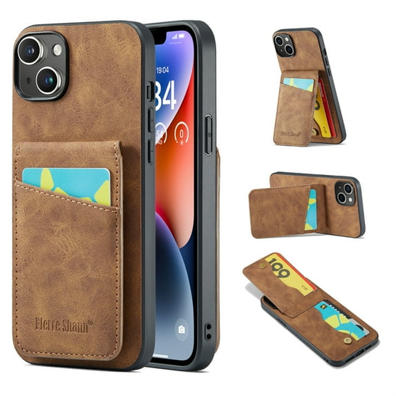 ELEHOLD for iPhone 14 Leather Wallet Case with Card Slots Magnetic Button Kickstand Function Full Body Protective Shockproof Cover for iPhone 14 6.1",Brown