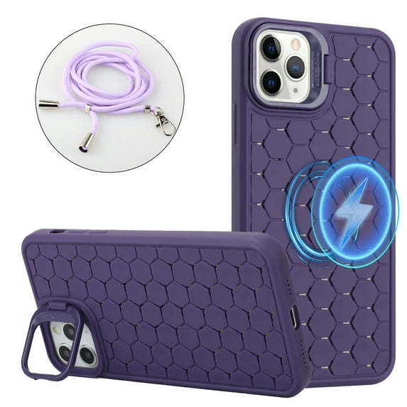 ELEHOLD for iPhone 14 Magnetic Stand Case with Detachable Lanyard Strap Honeycomb Heat Dissipation Compatible with Mag Safe Charging Lens Frame Kickstand Anti-Lost Protection Cover,Purple
