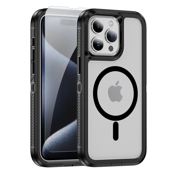 ELEHOLD for iPhone 14 Magnetic Translucent Clear Case with HD Tempered Glass Screen Protector Hybrid PC + TPU Shockproof Bumper Compatible with Mag Safe Drop-Protection Cover,Black+Clear