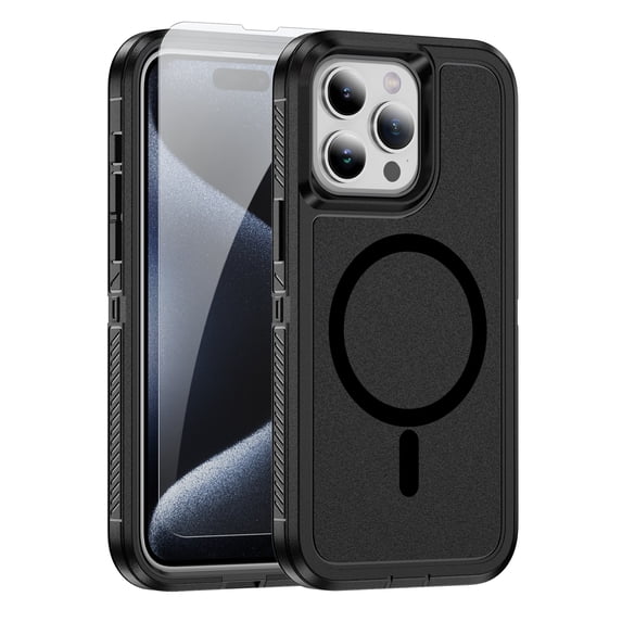 ELEHOLD for iPhone 14 Magnetic Translucent Clear Case with HD Tempered Glass Screen Protector Hybrid PC + TPU Shockproof Bumper Compatible with Mag Safe Drop-Protection Cover,Black