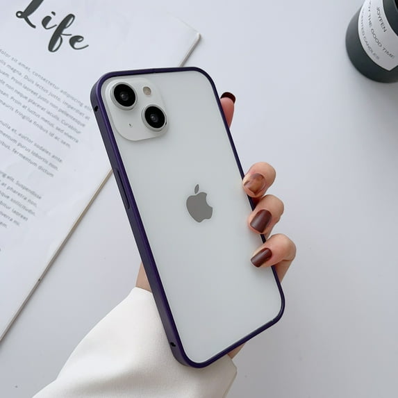 ELEHOLD for iPhone 14 Metal Bumper Case, Frosting Matte Metal Frame Case Soft TPU Inner Support Wireless Charging Non-Slip Slim Case for iPhone 14, Darkpurple