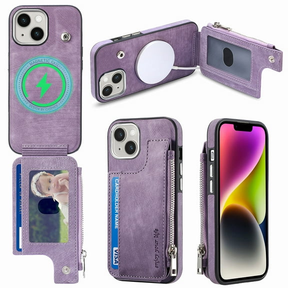 ELEHOLD for iPhone 14 Multi-Functional Wallet Case,Premium PU Leather with Card Holders Zipper Storage Magnetic Case MagSafe Compatible Support Wireless Charging Full Protective Case,purple