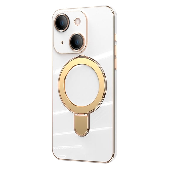 ELEHOLD for iPhone 14 Plating Magnetic Case Slim Thin Shockproof with Metal Ring Holder Folding Kickstand All-Inclusive Lens Protection Mag Safe Compatible Protective Cover,white